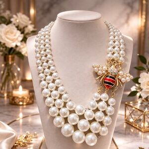✨Pearl 3-Strand Necklace with Gold Bumble Bee Accent